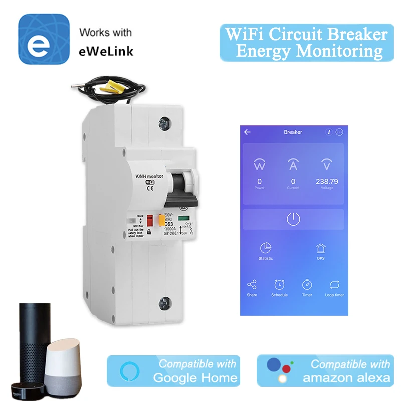 

Smart WiFi Circuit Breaker 1P WiFi MCB with Energy Monitoring eWelink APP Wireless Control Compatible With Alexa IFTTT Google