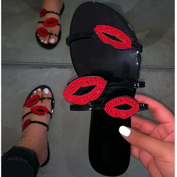 

Women's Crystal Slippers Women Lip Flash Flat Shoes Girl PU Beach Ladies Slides Fashion Female Large Size Summer 2020