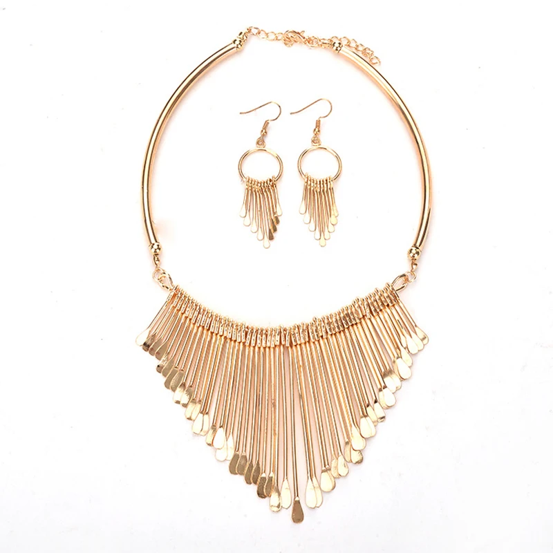 

2019 Fashion Wedding Gift Jewelry Gold Color Water Tassel Crystal Earrings Necklace Adjustable Set Women Jewelry Sets VP705