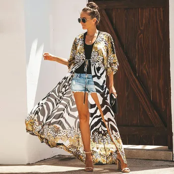 

2020 New Leopard Print Bikini Cover Up Sexy Loose Tunic Beach Dress Women Pareo Long Chiffon Cardigan Beach Kaftan Robe de Plage