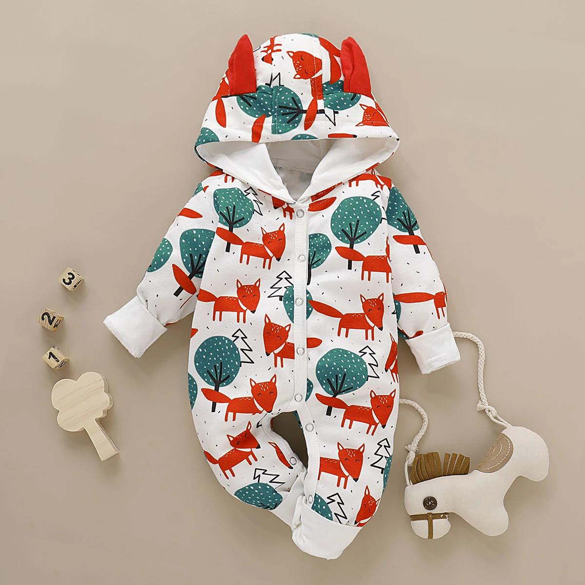 

2019 Autumn Newborn Baby Cute fox and treesAnimal Print Hooded Jumpsuit Toddler Overalls Outfit baby girl clothes 0-18M