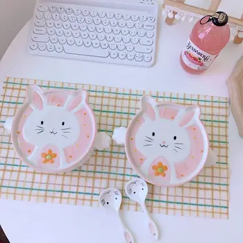 

Cute Rabbit pattern ceramic instant noodle bowl fruit salad bowl with lid soup bowl anti-scalding ramen bowl kitchen tableware