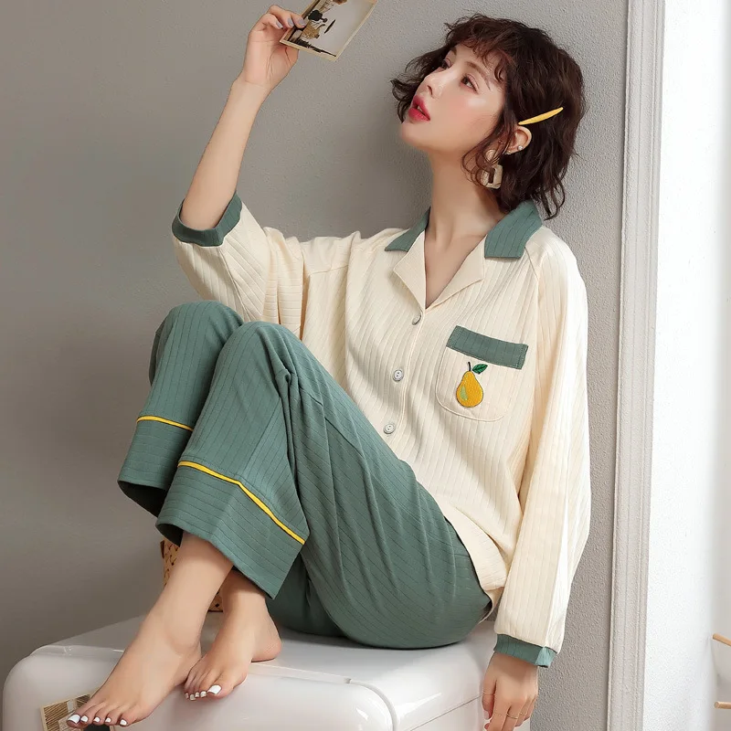 

3518 # Pajamas Women's Autumn Korean-style Casual Two-Piece Set Sweet Cardigan Long Sleeve 6535 Sunken Stripe M -Xxl
