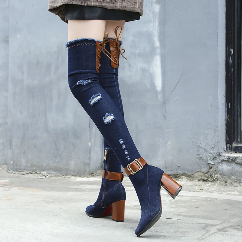 Botas de mezclilla por encima de la rodilla mujer, zapatos de alto elástico, punta estrecha, bonitos, a la moda, para otoño|Botas sobre la rodilla| - AliExpress