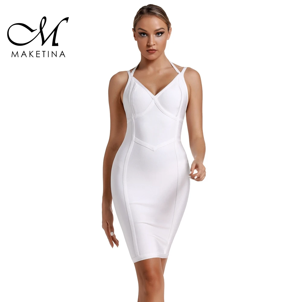 Maketina облегающее Бандажное Платье Женское Vestidos летняя блузка на бретелях сексуальное Белое обвязанное платье без рукавов вечернее облегающее платье