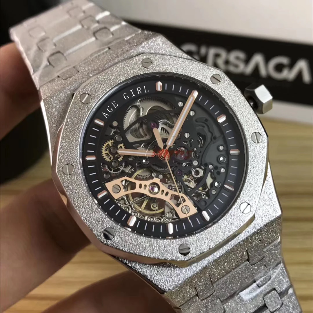 

Luxury Brand New Men Automatic Mechanical Stainless Steel Silver Black Matte Sapphire Glass Back Watch Tourbillion Skeleton AAA+