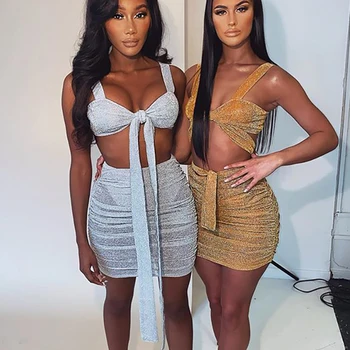 

SIBYBO Sparkly Strap High Waist Sexy Two Piece Set Dress Women Sleeveless Bandage Mini Summer Dress Backless Short Party Dress