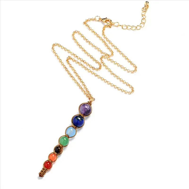 New Gem Stone ( Natural ) Yoga Healing Necklace Gold Color Multicolor Round Beaded Jewelry 50cm long 1 PC | Украшения и
