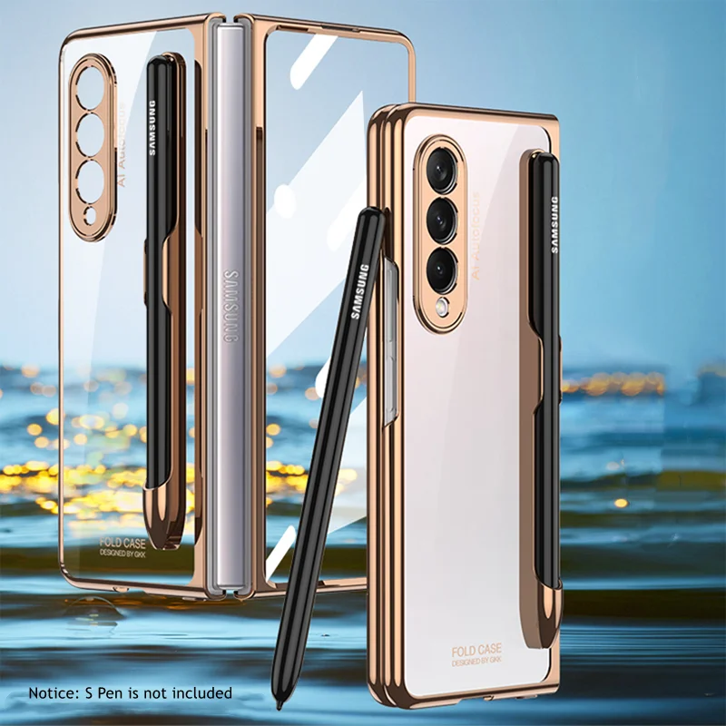 kawaii samsung cases Front Tempered Glass Transparent Case for Samsung galaxy Z Fold 3 5G Cover Plating Frame Hard Clear S Pen Slot Holder Back Case best case for samsung