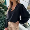 Chic Women Blouse Hollow Out Chain V Neck Polyester Long Sleeve Solid Color Blouse Top shirt  2XL Women's Clothing рубашка 2022 ► Photo 1/6