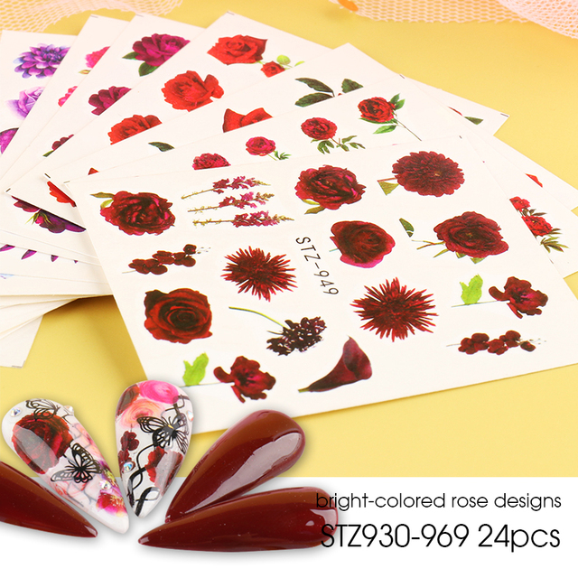 Mixed Stickers for Nails Rose Flowers Butterfly Water Decals Nail Art Decoration Slider Polish Foil Paper Tips CHSTZ930-969