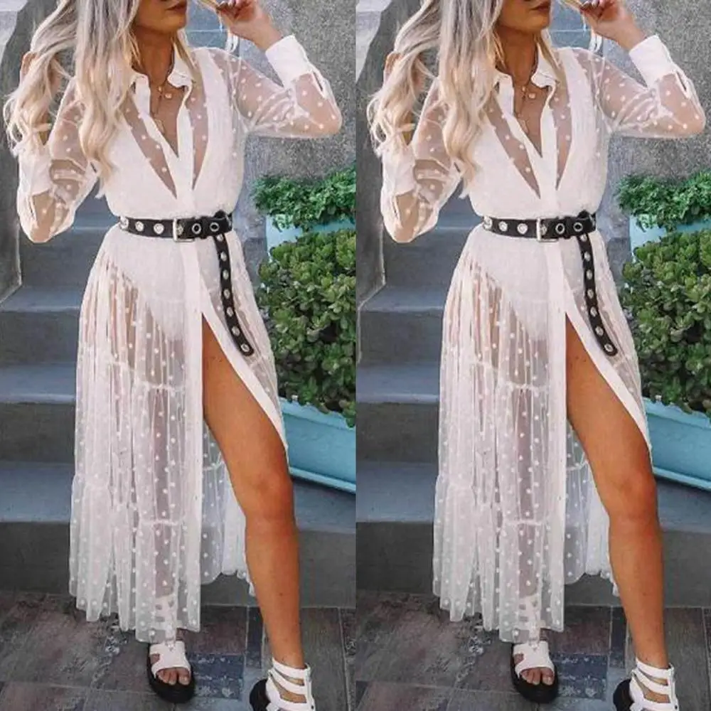 

Boho Summer Black Mesh Long Maxi Dress Women Female Sexy See-Through Wave Point Evening Party Dress Long Sleeve Sundress