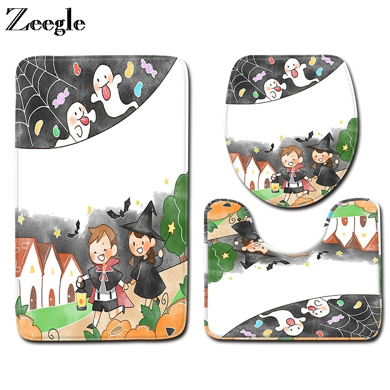 Zeegle Halloween Toilet Set Anti Slip Bathroom Shower Mat Absorbent Bathrooom Carpets Washable Toilet Pedestal Rug Toilet Set