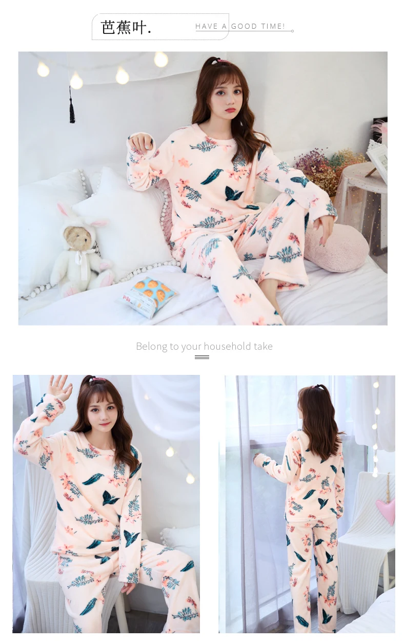 winter pyjamas Women Warm Flannel Pajama Set Thicken Girl Print pijama Long Sleeve Coral fleece Sleepwear Suit Women Nightshirt