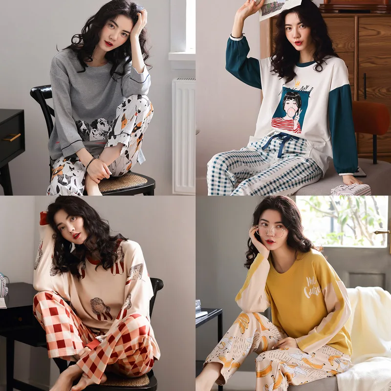

Spring And Autumn Pajamas Women's Korean-style Casual Cute Cartoon Pullover Pure Cotton Tracksuit Long-sleeve Suit