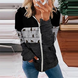 Feminino casual zíper com cordão com capuz moletom outono cartoon cat print manga longa tops casaco primavera solto moletons