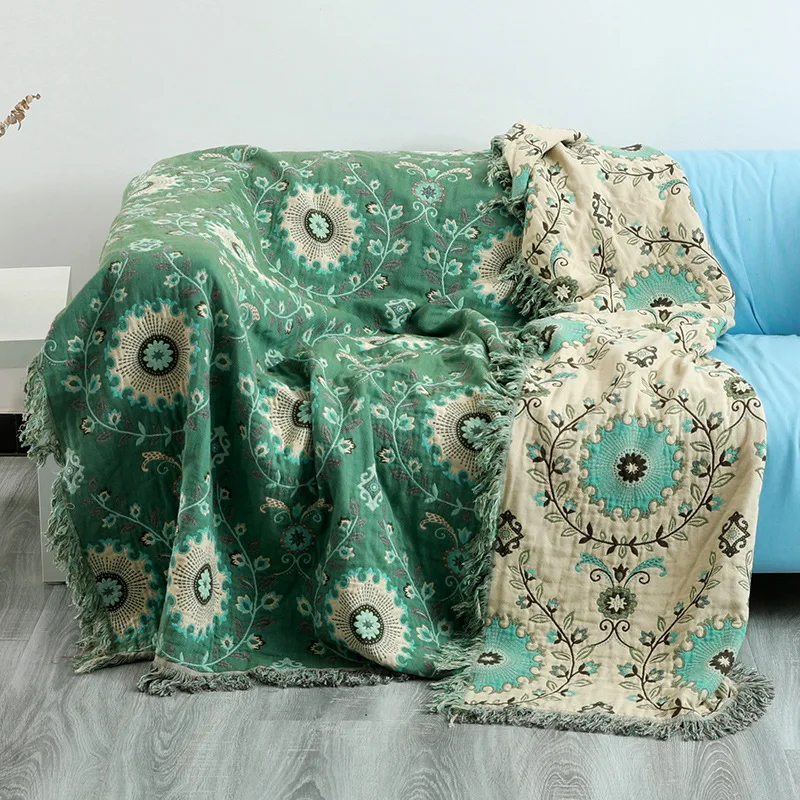 Junwell 100% Cotton Muslin Summer Blanket Gauze Bed Sofa Cover Chic Tassel Multifunction Travel Breathable Throw Blanket