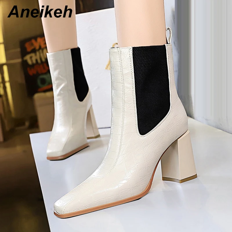 Aneikeh Women's Winter Boots 2020 Sewing Fashion Casual Retro Patchwork Elastic Band Concise Wedding Chelsea ANKLE Ladies Shoes