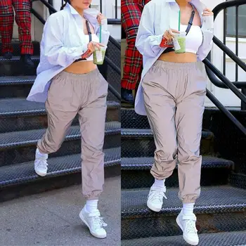 

Women Solid Color Elastic High Waist Luminous Cargo Pants Ankle-Tied Trousers Polyester Fitness Workout Casual Long Trousers