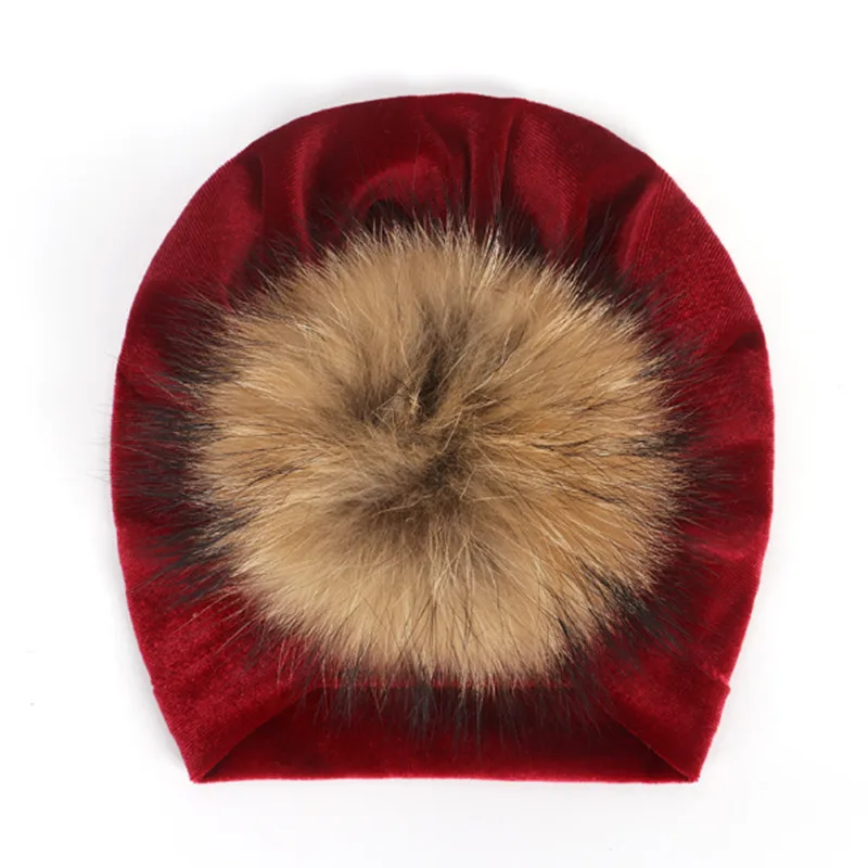 Autumn Winter Hat Baby Girl Toddler Faux Fur Pom Pom Beanie Turban Green Velvet Hat Fashion 1-2yrs
