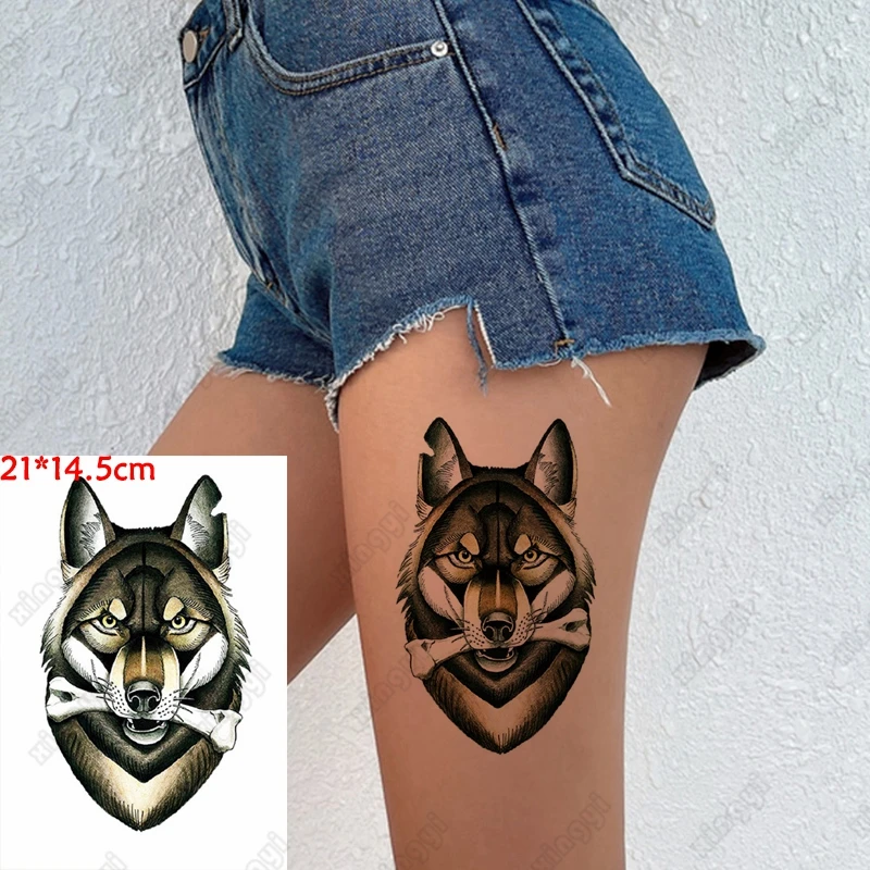 Temporary Tattoo Sticker Body Art Big Size Animal Wolf Dog Head Bone Water Transfer Fake Tatoo Flash Tatto for Men Women | Красота и