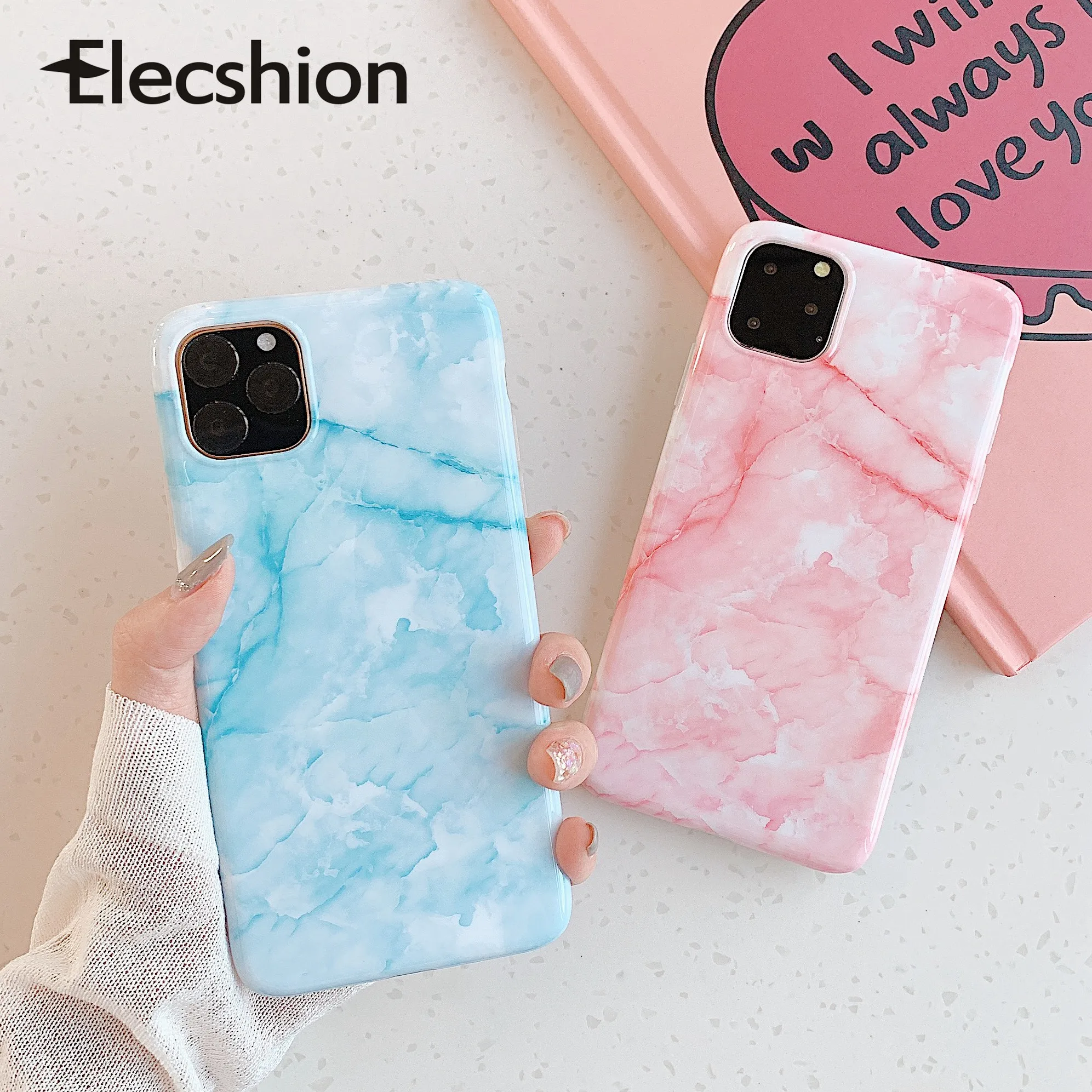 

Pink Marble Phone Case For iPhone 11 5.8 Inch Blue Gradient Color For iPhone 11 Soft Back Couple Vintage Shockproof Cute Case