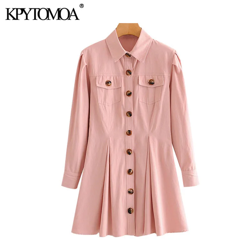KPYTOMOA Women 2020 Chic Fashion Button-up Pleated Mini Dress Vintage Long Sleeve Patch Pockets Female Dresses Vestidos Mujer KPYTOMOA Women 2020 Chic Fashion Button-up Pleated Mini Dress Vintage Long Sleeve Patch Pockets Female Dresses Vestidos Mujer