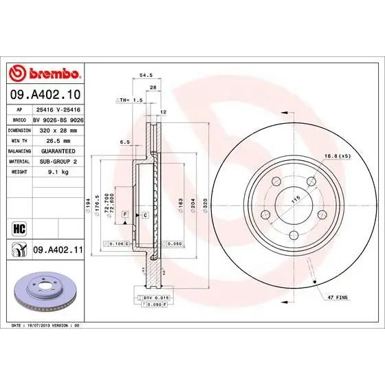 Диск тормозной CHRYSLER 300C 04- передний D=320мм. BREMBO 09.A40