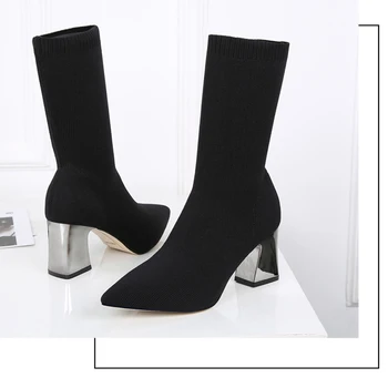 

Free shipping fashion women Casual Designer Black elastic force Thick heel sock short boots shoes