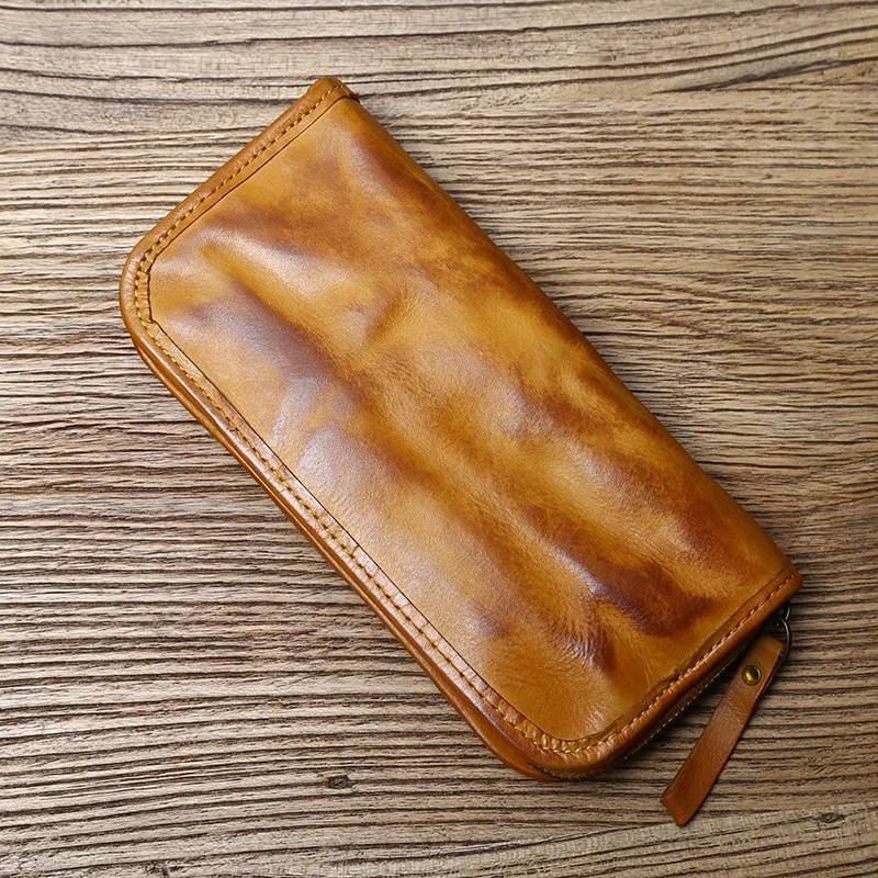 Vintage handgemachte Herren Leder Clutch Bag pflanzlich gegerbtes Leder lange Geldbörse Oberschicht Rindsleder Reißverschluss Geldbörse Kartenhalter NZPJ – Detail 17
