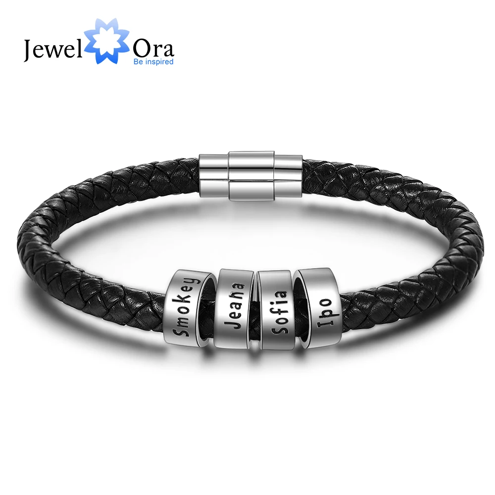 Custom 4 Names JewelOra 925 пробы серебро Персонализированные Пользовательское имя бусины браслеты для мужчин Шарм Черный Плетеный кожаный шнур браслет ювелирные изделия - Цвет камня: Custom 4 Names