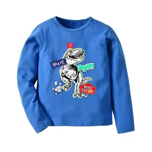 New Style BOY'S Long-sleeved T-shirt Spring And Autumn Dark Blue Long Sleeve Cartoon Dinosaur Big Boy T-shirt