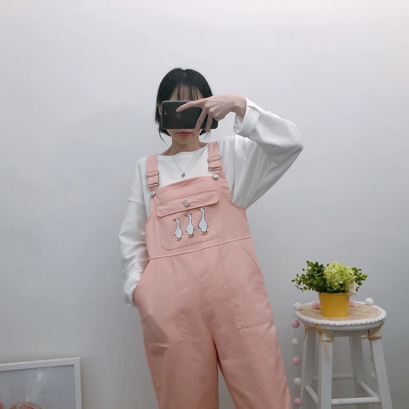 Женские комбинезоны Kawaii С мультяшным принтом, розовые, милые, свободные, длина по щиколотку, простые, студенческие, с карманами, повседневные, женские комбинезоны, шикарные
