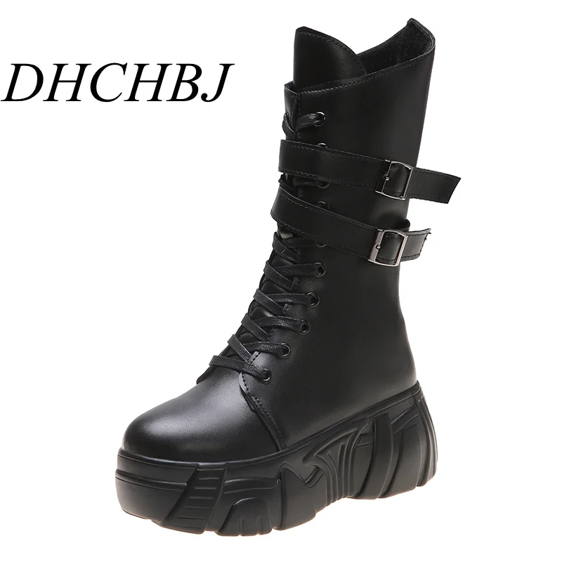 

Punk Boots Women Leather Platform Chunky Sneakers Autumn 10CM Wedge Heels Mid-Calf Boots Woman Winter Fur Warm Motorcycle Boots