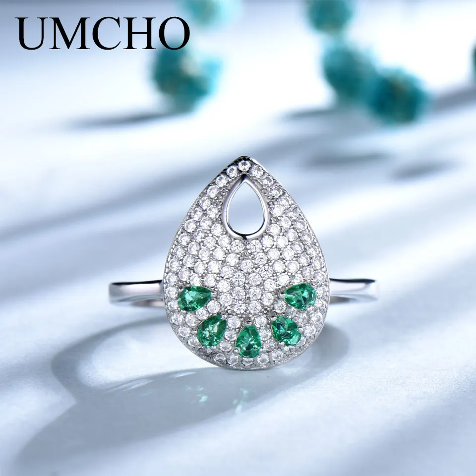 UMCHO, модное зеленое кольцо в форме капли, настоящее 925 пробы, серебряные ювелирные изделия, кольца с драгоценными камнями для женщин, вечерние, подарок, хорошее ювелирное изделие