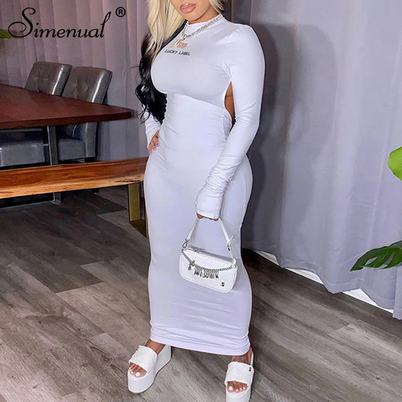 

Simenual Backless Letter Print Long Sleeve Autumn Maxi Dresses Women Fashion Bodycon Club Skinny Birthday Outfits Long Dress Hot