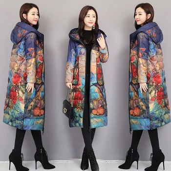 

Lightweight Winter Jacket Women Fashion Hooded Slim Plus size Down Jacket Print Long Overcoat Parka doudoune femme hiver ls187