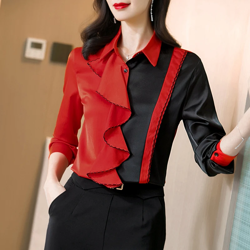 

Korean Silk Women Shirts Women Long Sleeve Shirts Woman Satin Silk Blouses Woman Ruffles Satin Shirt Tops Lady Blouse Full
