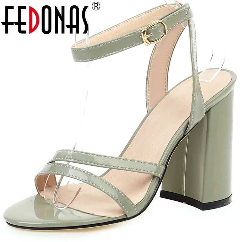 

FEDONAS Euro Style Elegant Concise Party Wedding Women Sandals Metal Buckle Cross-Tied Spring Summer 10cm Thick Heel Shoes Woman