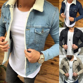 shearling lapel thicken warm slim men's denim jacket