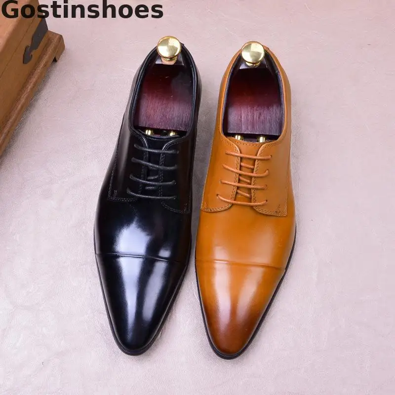 Men Shoes Oxfords Cow Leather Black Brown Lace-up Pointed Capped Toe Formal Shoes Business Dress Shoes Men Wedding Shoes Office