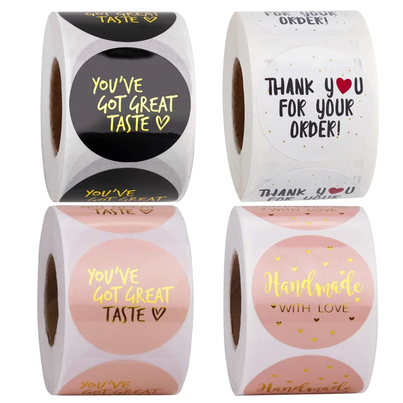 Rollo hecho a mano con amor dorado, pegatinas de agradecimiento por su pedido, decoración de envases de regalo, sellado, 500 Uds.
