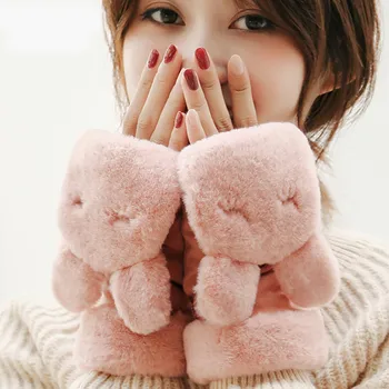 

Home&Nest Women Winter Cute Animal Gloves Ladies Cartoon Rabbit Outdoor Half-Ringer Over Thickening Mittens Gloves Winter