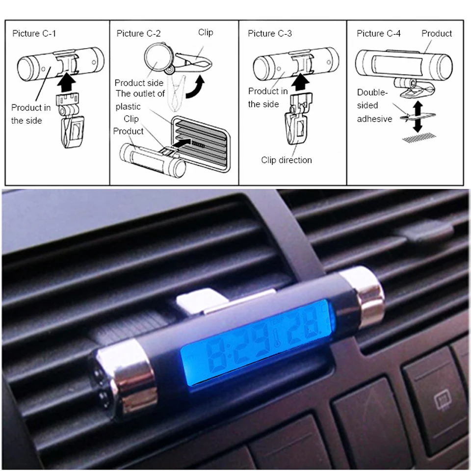 Sikeo 2 в 1 Автомобильный выход на вентиляционное отверстие автомобильные часы термометр клип-на цифровой термометр с фоновой подсветкой время часы автомобильный орнамент интерьер