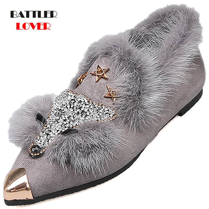 Ladies Shoes Moccasins Ballet-Flats Glitter-Fur Crystal Loafers Women Pointed-Toe Designer