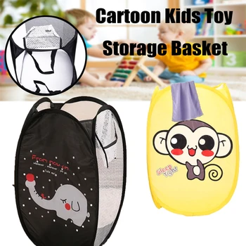 

Cute Cartoon Round Dirt Clothes Basket Net Case Mesh Kids Toy Storage Basket Portable Folding Storage Barrels Container Basket