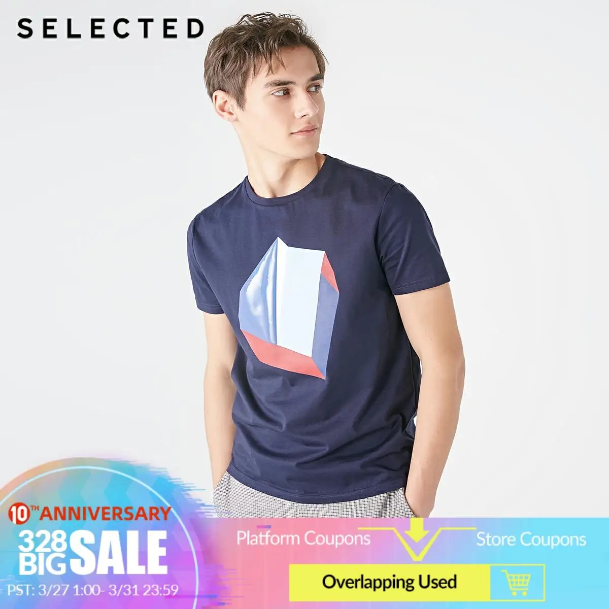 

SELECTED Men's 100% Cotton Printed Short-sleeved T-shirt S|419101517
