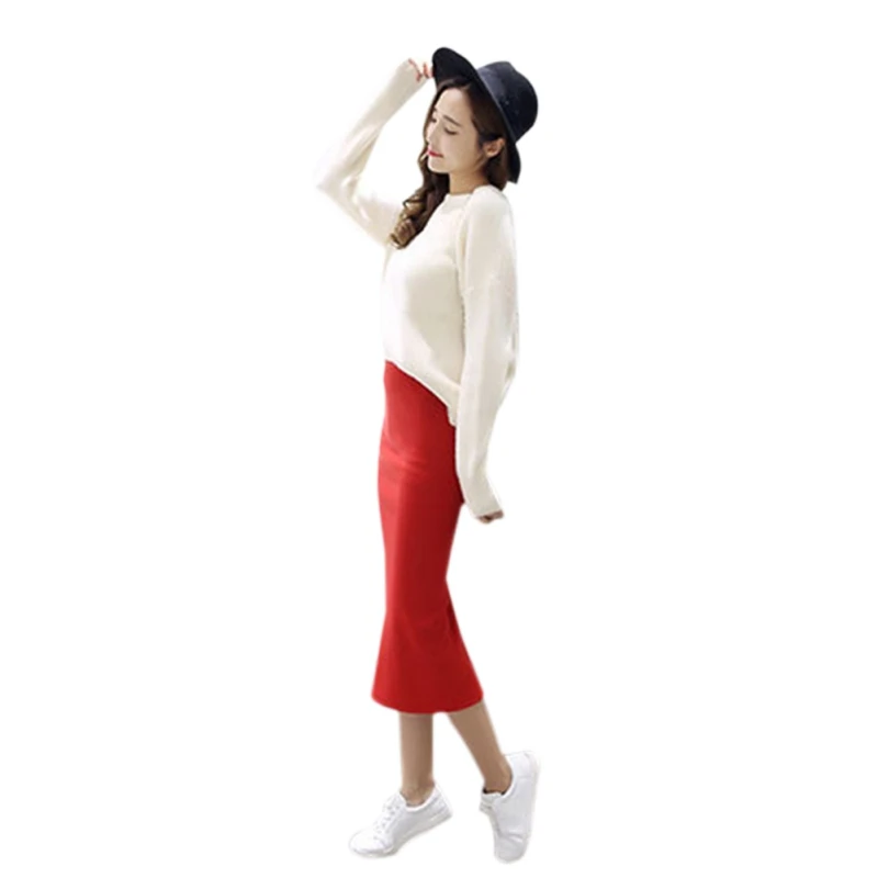 Красный spring Autumn And Winter package hip skirt slit skirts women step skirt stretch Slim thin female waist skirts Long skirts - Цвет: Красный