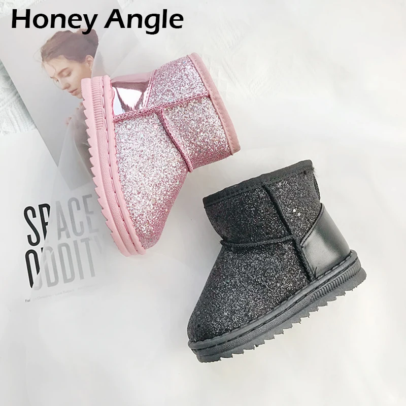Honey Angle/зимние детские ботинки для девочек и мальчиков; плюшевые детские зимние ботинки с блестками; Корейская версия; повседневная обувь для малышей
