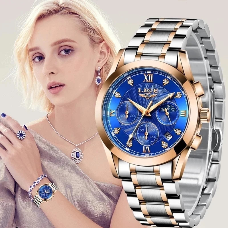 LIGE-reloj dorado creativo para mujer, cronógrafo de lujo, de acero, informal, resistente al agua, 2022